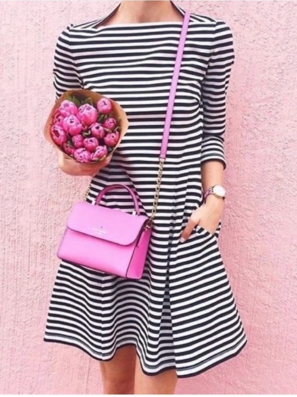 Kate Spade Striped Fit & Flare Dress Small Black White Pockets